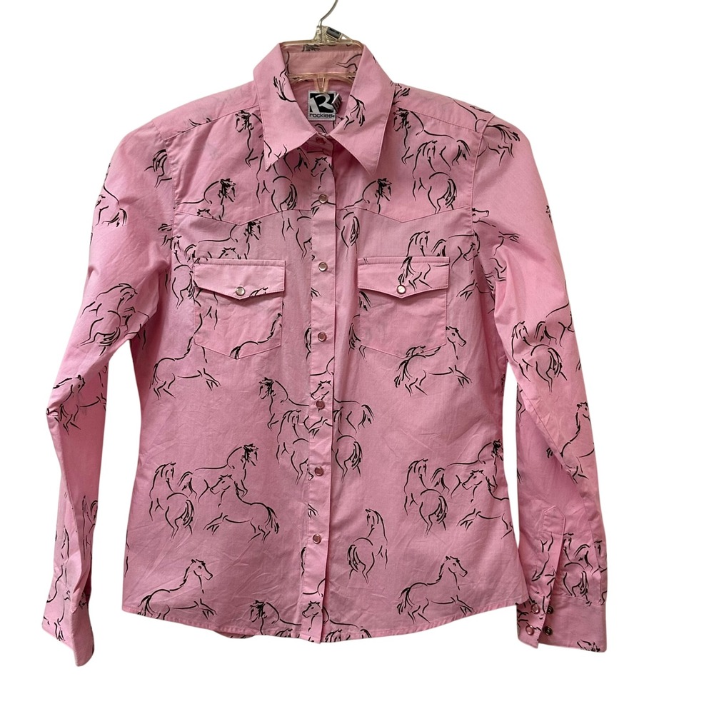 Rockies Womens Pink Horse Print Western Pearl Snap Shirt Long Sleeve Cotton S - Picture 2 of 10